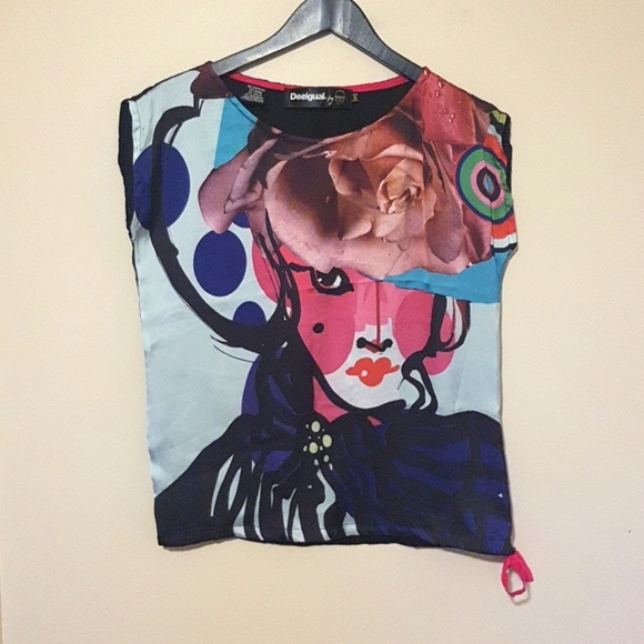 Desigual satin mixed collage print fashion face boxy blouse - Picture 4 of 8